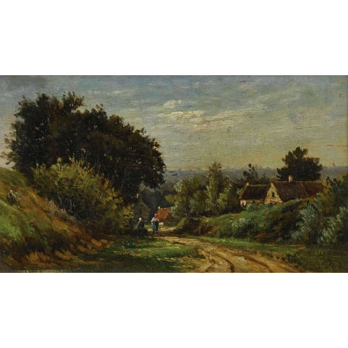 HENRI FRAN�OIS PERRET : Landschaft mit Dorf und B�uerinnen (DOBIASCHOFSKY AUKTIONEN AG)