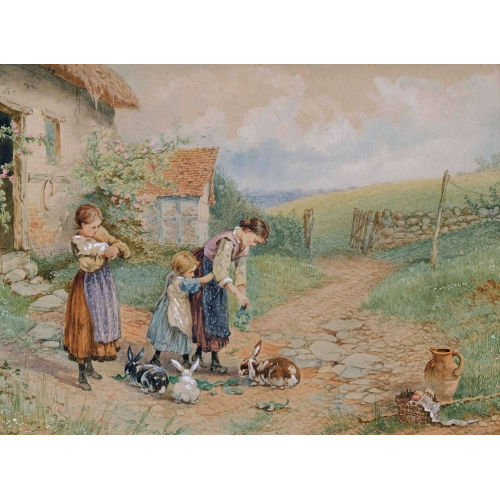MYLES BIRKET FOSTER : M�dchen beim F�ttern von Kaninchen (DOBIASCHOFSKY AUKTIONEN AG)