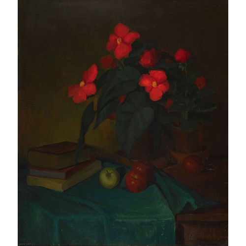 HANS ZAUGG : Stillleben mit Blumen, B�chern und �pfeln (DOBIASCHOFSKY AUKTIONEN AG)