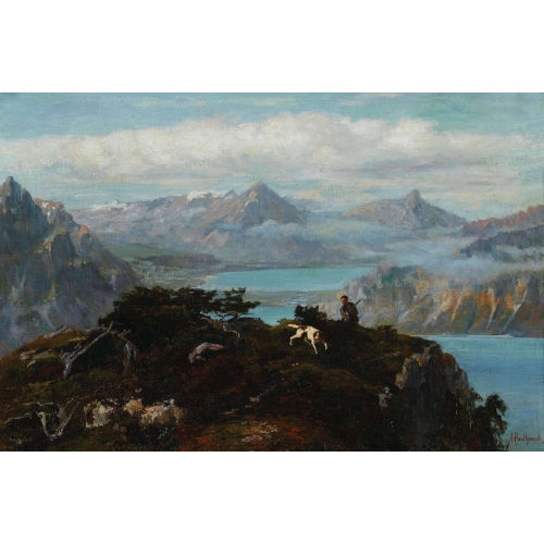 ALFRED-HENRI BERTHOUD : Blick auf Thuner- und Brienzersee mit J�ger und Hund (DOBIASCHOFSKY AUKTIONEN AG)