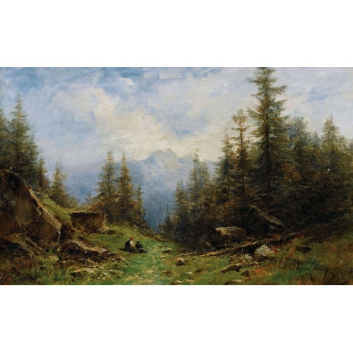 GUSTAVE EUG�NE CASTAN : Sommerliche Berglandschaft mit Bauernpaar (DOBIASCHOFSKY AUKTIONEN AG)