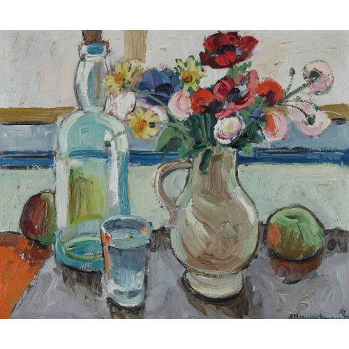 ALBERT NEUENSCHWANDER : Stillleben mit Blumen, Glas und Karaffe (DOBIASCHOFSKY AUKTIONEN AG)