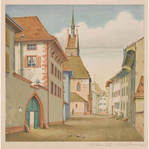 NIKLAUS STOECKLIN : Altbasler Gassenpartie mit Kirche (DOBIASCHOFSKY AUKTIONEN AG)