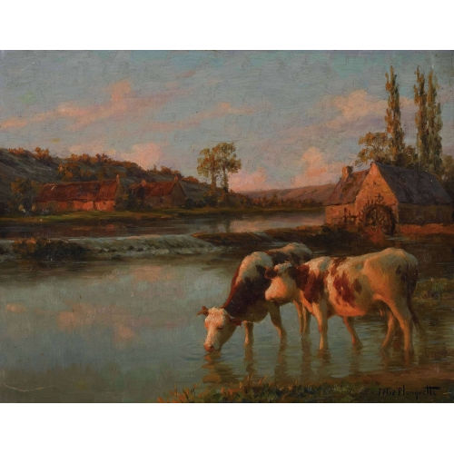 F�LIX PLANQUETTE : Uferlandschaft mit K�hen im Abendrot (DOBIASCHOFSKY AUKTIONEN AG)