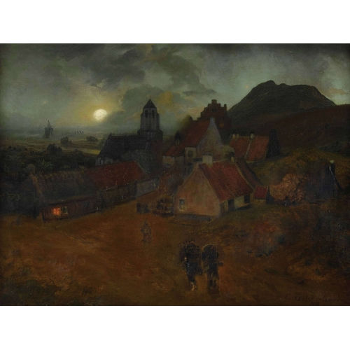 ANDREAS ACHENBACH : Landschaft mit Dorf im Mondlicht (DOBIASCHOFSKY AUKTIONEN AG)