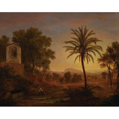 HANS SALOMON ZIEGLER : S�dliche Landschaft im Abendrot mit B�uerin (DOBIASCHOFSKY AUKTIONEN AG)