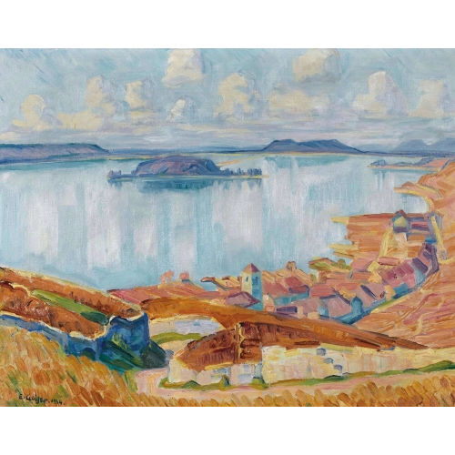ERNST SAMUEL GEIGER : Herbstlicher Bielersee mit Twann und St. Petersinsel (DOBIASCHOFSKY AUKTIONEN AG)
