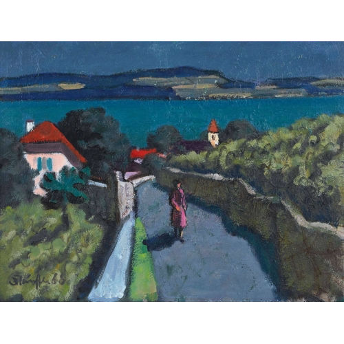 FRED STAUFFER : Strasse am Bielersee im Mondlicht (DOBIASCHOFSKY AUKTIONEN AG)