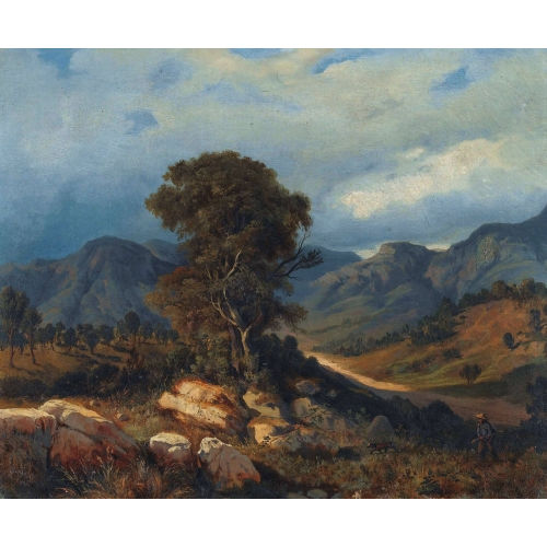 JEAN BAPTISTE ROMEGAS : J�ger mit Hund in felsiger Landschaft (DOBIASCHOFSKY AUKTIONEN AG)