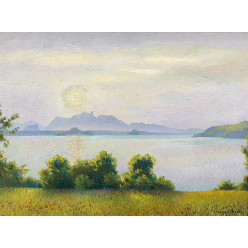 MARCUS JACOBI : Sonnige Thunerseelandschaft mit Stockhornkette (DOBIASCHOFSKY AUKTIONEN AG)