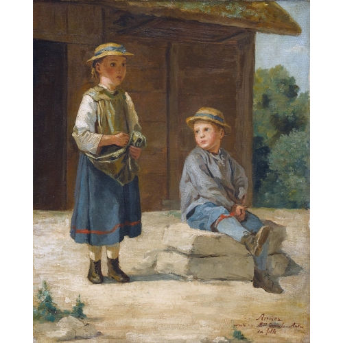 ALBERT ANKER : Zwei Kinder vor einer Scheune (DOBIASCHOFSKY AUKTIONEN AG)