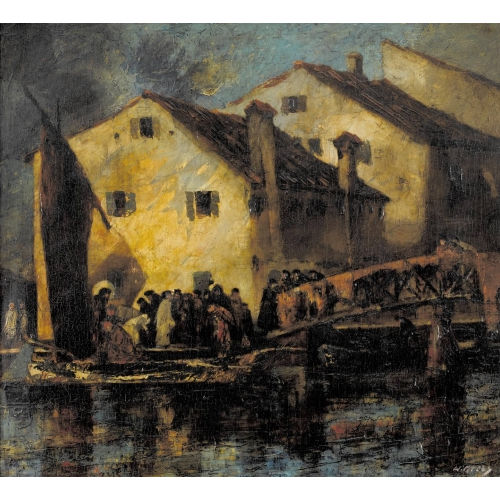 WALTER KREBS : Belebter Hafen mit H�usern und Br�cke (DOBIASCHOFSKY AUKTIONEN AG)