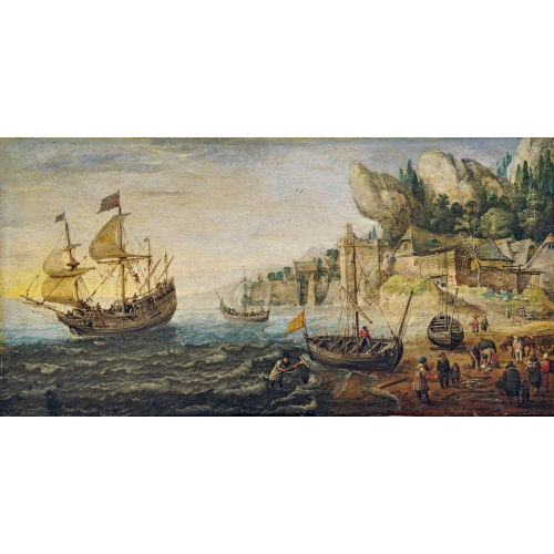 ADAM WILLAERTS : K�stenlandschaft mit Segelschiffen und Fischmarkt (DOBIASCHOFSKY AUKTIONEN AG)