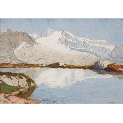 HENRI �DOUARD HUGUENIN-VIRCHAUX : Alpenlandschaft mit Gletscher und See (DOBIASCHOFSKY AUKTIONEN AG)
