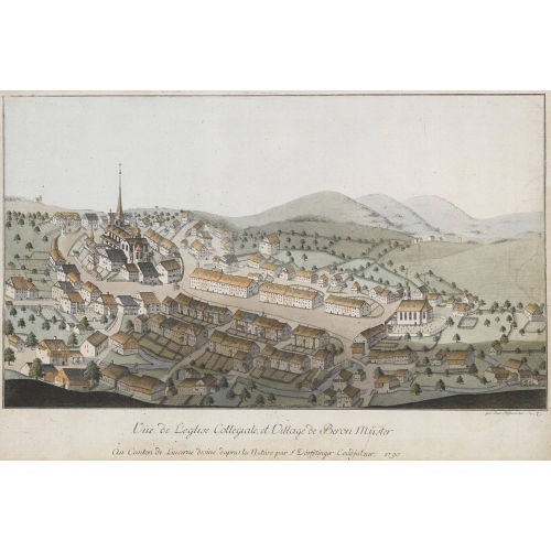 JOHANNES HOFMEISTER : 'Vue de l′eglise collegiale et village de Beron M�ster au Canton de Lucerne desine dapres la Nat�re par F D�rflinger Coadjuteur 1790' (DOBIASCHOFSKY AUKTIONEN AG)