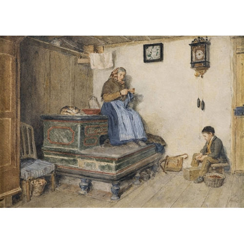 ALBERT ANKER : Traute Familienszene am Kachelofen (DOBIASCHOFSKY AUKTIONEN AG)