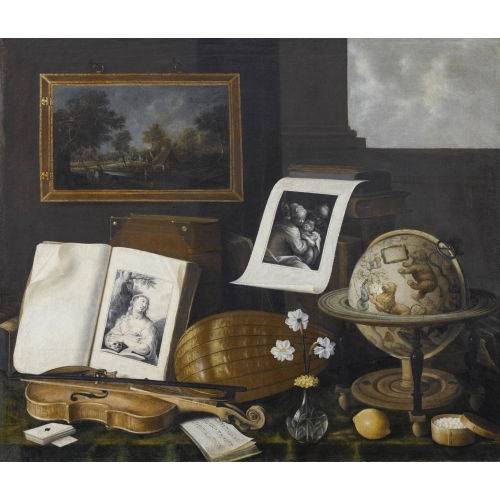 SEBASTIAN STOSKOPFF : Vanitt mit Musikinstrumenten, Grafik, Spielkarten, Notenblatt, Sssigkeiten, Blumenvase, Himmelsglobus und Bchern (DOBIASCHOFSKY AUKTIONEN AG)
