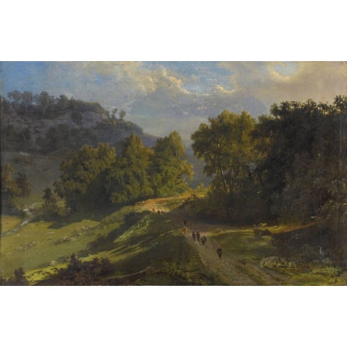 ABRAHAM SIGMUND AUGUST VON BONSTETTEN : B�uerin mit K�hen am sommerlichen Waldrand (DOBIASCHOFSKY AUKTIONEN AG)