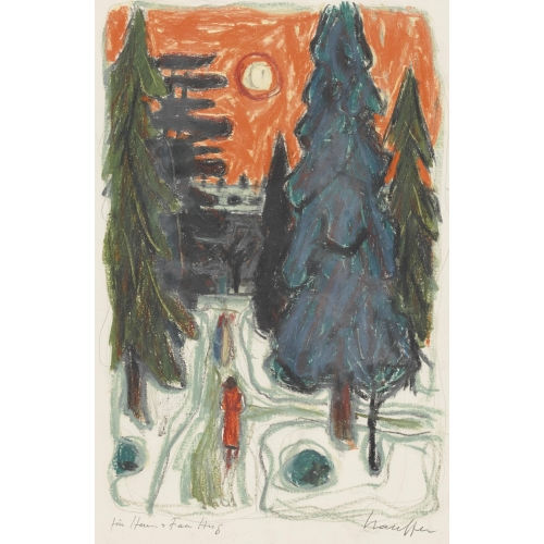 FRED STAUFFER : Waldweg mit Frau im Mondschein (DOBIASCHOFSKY AUKTIONEN AG)