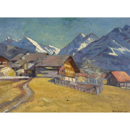 FRANZ GEHRI : Herbstlicher Weiler vor Alpenkulisse (DOBIASCHOFSKY AUKTIONEN AG)