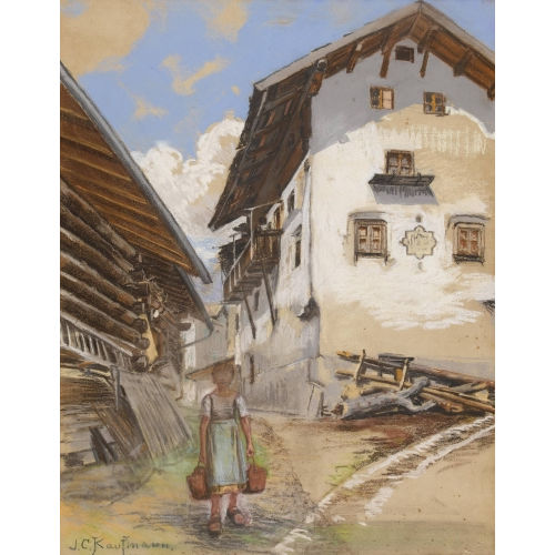 JOSEF CLEMENS KAUFMANN : M�dchen mit zwei Eimern in einem Bergdorf (DOBIASCHOFSKY AUKTIONEN AG)