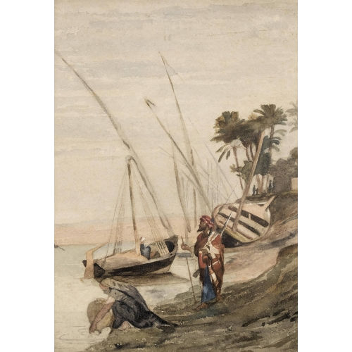 �DOUARD CASTRES : Personnages arabes et bateaux au bord d′un fleuve (Nil?) (DOBIASCHOFSKY AUKTIONEN AG)