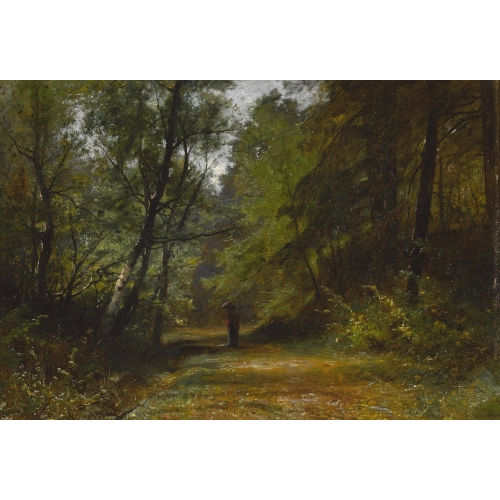 GUSTAVE EUG�NE CASTAN : Dame mit Sonnenschirm auf einem Waldweg (DOBIASCHOFSKY AUKTIONEN AG)