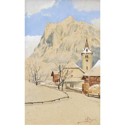 CARLO PELLEGRINI : Kirche von Grindelwald mit Wetterhorn (DOBIASCHOFSKY AUKTIONEN AG)