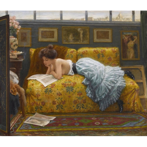 ALBERT H�FLINGER : Pariser Atelier mit weiblichem Halbakt bei der Lekt�re (DOBIASCHOFSKY AUKTIONEN AG)