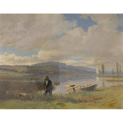 ALBERT LUGARDON : J�ger mit Hund am See (DOBIASCHOFSKY AUKTIONEN AG)