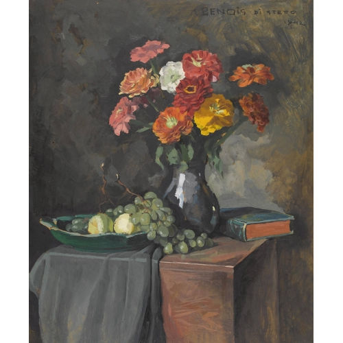 ALEXANDRE BENOIS DI STETTO : Stillleben mit Blumen, Trauben und Buch (DOBIASCHOFSKY AUKTIONEN AG)