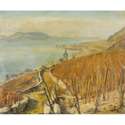 HANNI BAY : Herbstliche Bielerseelandschaft mit der Ligerzer Kirche (DOBIASCHOFSKY AUKTIONEN AG)