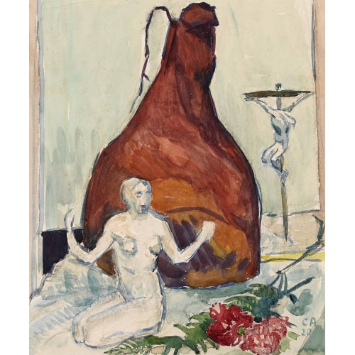 CUNO AMIET : Stillleben mit Frauenfigur, Schinken und Kruzifix (DOBIASCHOFSKY AUKTIONEN AG)