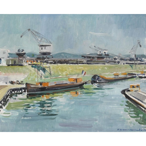 ALBERT NEUENSCHWANDER : Rheinhafen mit Lastk�hnen (DOBIASCHOFSKY AUKTIONEN AG)