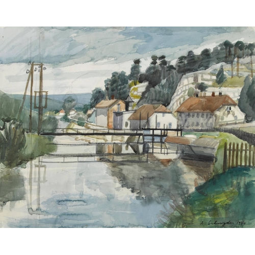 ALBERT SCHNYDER : Sommerliche Partie am Doubs mit Eisensteg und Weiler (DOBIASCHOFSKY AUKTIONEN AG)