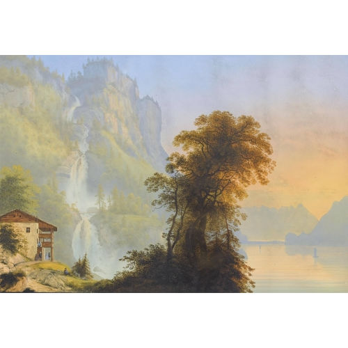 KONRAD CORRADI : Abendliche Stimmung am Brienzersee mit Giessbachf�llen (DOBIASCHOFSKY AUKTIONEN AG)