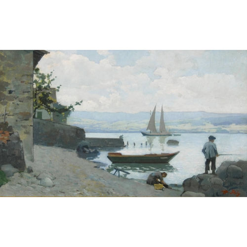 JEAN-DANIEL IHLY : Uferpartie bei Nernier mit W�scherin und Angler (DOBIASCHOFSKY AUKTIONEN AG)