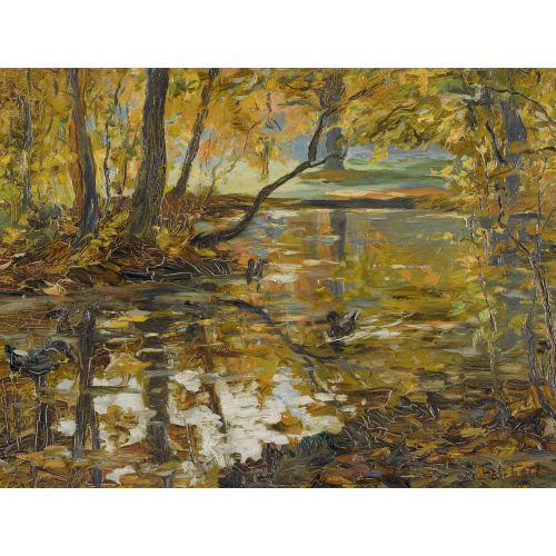 ALBERTO FALCHETTI : Herbstlicher Bach mit Enten (DOBIASCHOFSKY AUKTIONEN AG)