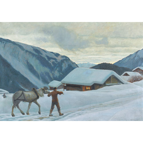 HANS WIDMER : Winterlicher Sonnenaufgang im Gebirge mit Bauer und Pferd (DOBIASCHOFSKY AUKTIONEN AG)