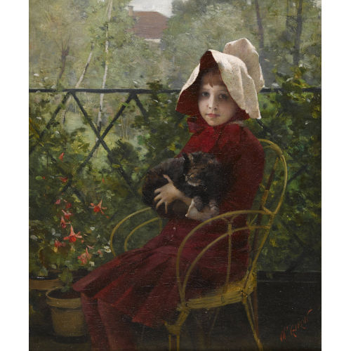 CHARLES GIRON : Jeune fille en rouge avec chat (DOBIASCHOFSKY AUKTIONEN AG)
