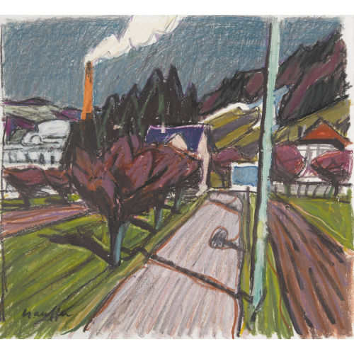 FRED STAUFFER : Landstrasse mit B�umen und Schornstein (DOBIASCHOFSKY AUKTIONEN AG)
