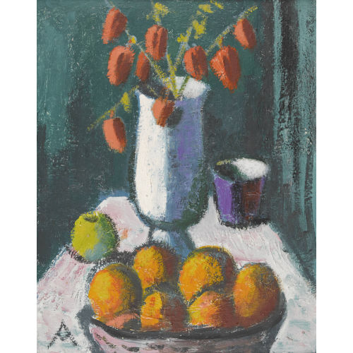 ADOLF MATHYS : Stillleben mit Lampionblumen und Obst (DOBIASCHOFSKY AUKTIONEN AG)