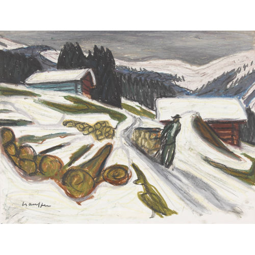 FRED STAUFFER : 'Bauer mit Holzschlitten in Winterlandschaft' (DOBIASCHOFSKY AUKTIONEN AG)