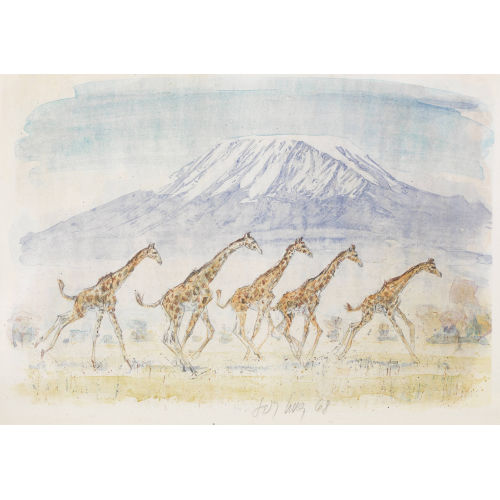 FRITZ HUG : Trabende Giraffen vor dem Kilimandscharo (DOBIASCHOFSKY AUKTIONEN AG)