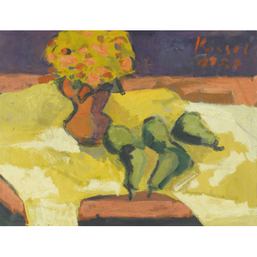 GERNOT KISSEL : Expressives Stillleben mit Blumenstrauss und Birnen (DOBIASCHOFSKY AUKTIONEN AG)
