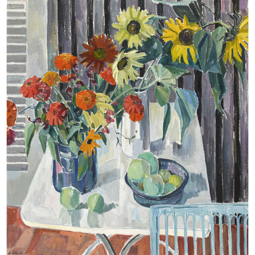 HERMANN OBERLI : Stillleben mit Blumen und Obst (DOBIASCHOFSKY AUKTIONEN AG)