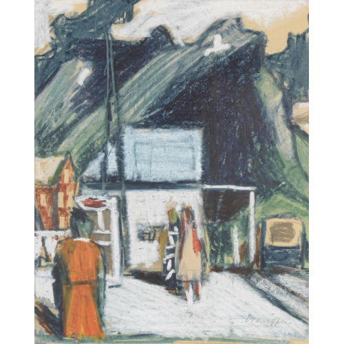 FRED STAUFFER : Dorfpartie mit Bergpanorama (DOBIASCHOFSKY AUKTIONEN AG)