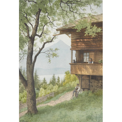 WILHELM BERNHARD BENTELI : Bauernhaus am Thunersee mit Niesen (DOBIASCHOFSKY AUKTIONEN AG)