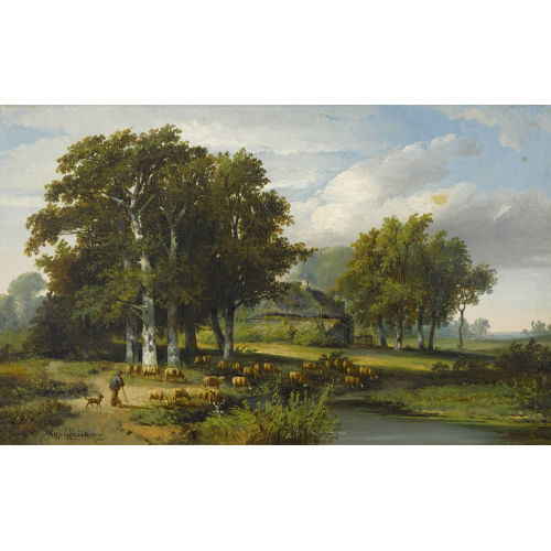 HERMANUS JAN HENDRIK RIJKELIJKHUIZEN : Weidende Schafe am Weiher (DOBIASCHOFSKY AUKTIONEN AG)