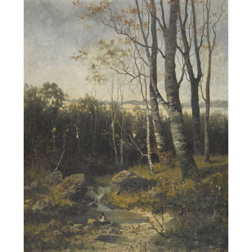AUGUST FINK : Waldbach mit Angler (DOBIASCHOFSKY AUKTIONEN AG)